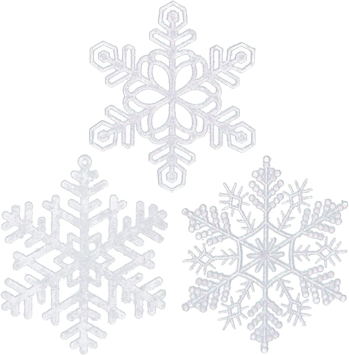 Skiennix 48pcs Pre-Strung White Snowflake Ornaments - Iridescent Glitter Christmas Tree Decor
