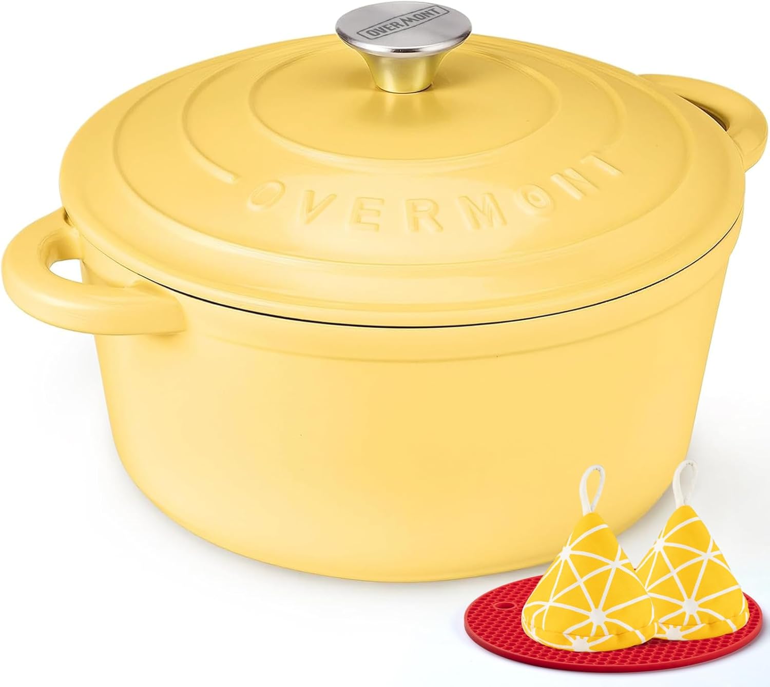 Overmont Enameled Cast Iron Dutch Oven - 5.5QT Heavy-Duty Pot with Lid & Potholders | Goose Yellow