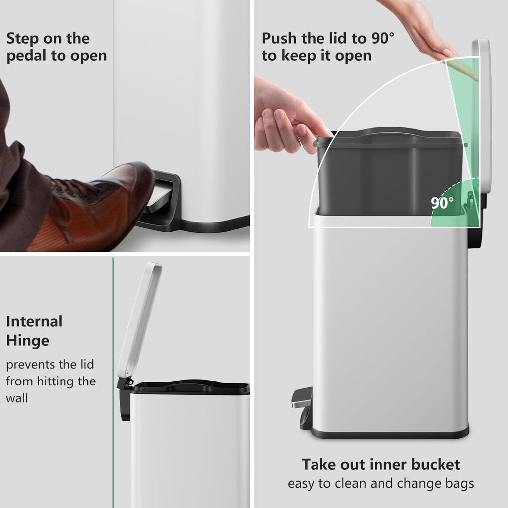 Regine Switzerland Slim Bathroom Trash Can - 1.6 Gallon Stainless Steel with Soft Close Lid & Removable Inner Bucket