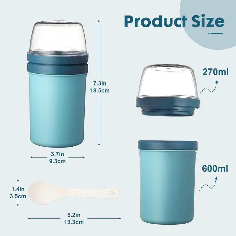 Mitsemmo Snack Cup,Reusable Snack Container with Lid,Yogurt Parfait Cups and Spoons,600ml+270ml Breakfast On The Go,Portable Cereal To Go Travel Cereal Bowl and Milk Container(Bule)