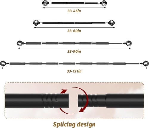 GXOACKJ Adjustable Curtain Rods - Black 5/8 Inch Drapery Rods for Windows 33 to 60 Inches | Stylish Twisted Cage Finials