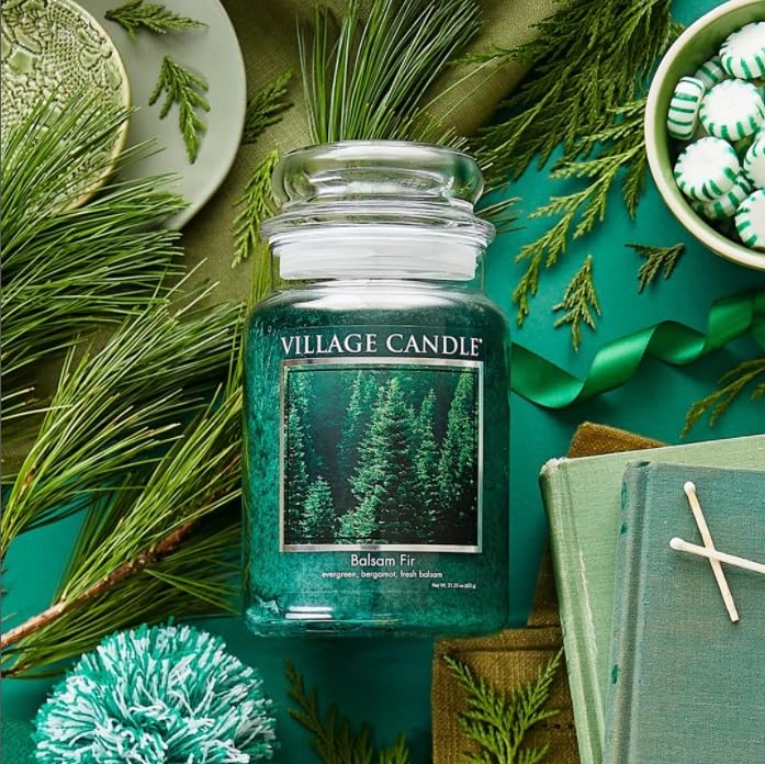 Village Candle Balsam Fir Large Apothecary Jar Scented Candle 21.25 oz, Evergreen Fragrance