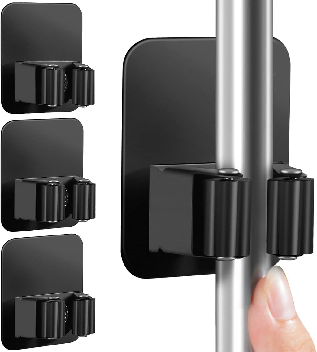 Skiennix Broom Holder Wall Mount - Super Anti-Slip Design for Kitchen, Bathroom & Garage | 4 Pack, Black
