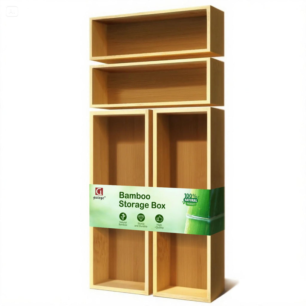 guiogc Bamboo Drawer Silverware Organizer, Flatware Organizer, Bamboo Storage Box for Office, Bathroom and other objects storage (large14.2 x5 x2 Small 9.85"x3.55"x1.78"- Set of 4)
