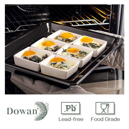 DOWAN Creme Brulee Ramekins 6 oz Oven Safe, Small Ceramic Square Ramekin, Custard Cups Souffle Baking Dish, Dipping Bowls Soy Sauce Dish Appetizer Plates, Set of 6, Soft White