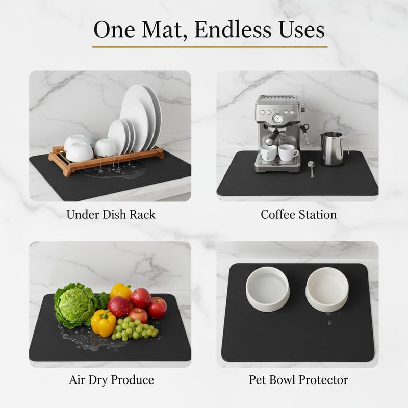 STRABELLA Dish Drying Mat Super Absorbent – 24" x 16" Coffee Mat for Countertops – Non-Slip Drying Mat for Kitchen Counter – Easy to Clean Water Absorbent Mat – Large Dish Drying Mats (Black)