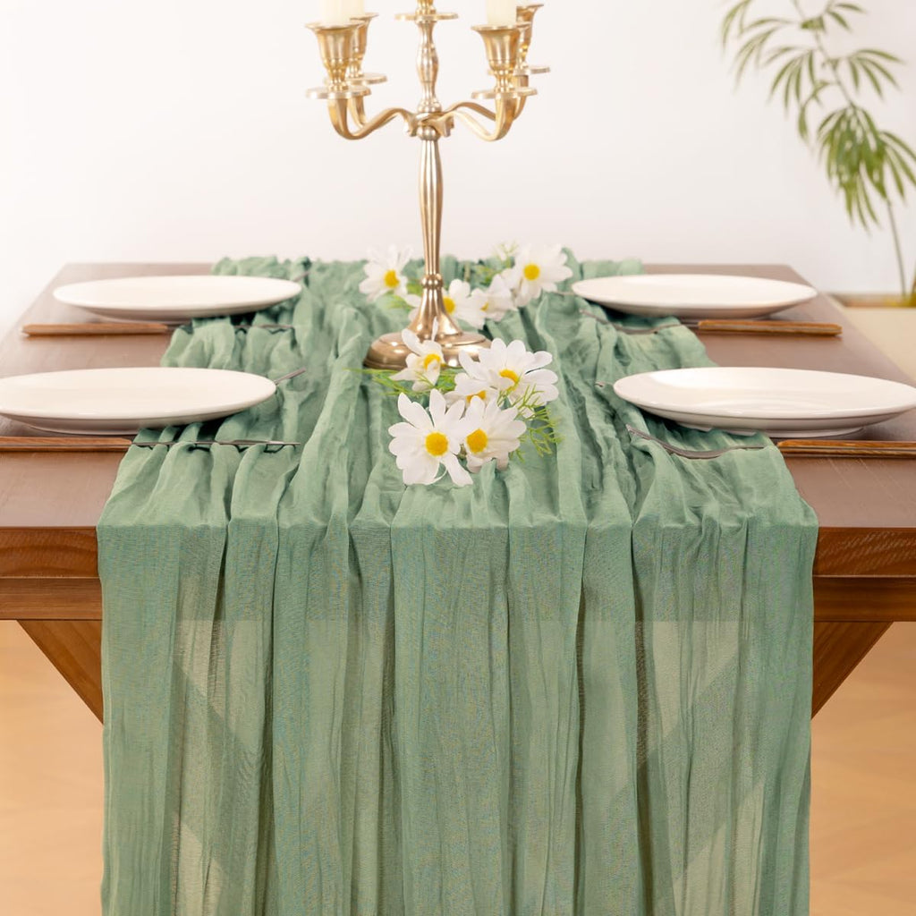 Socomi Cheesecloth Table Runner - 3pcs Sage Green Boho Rustic Design | 120 Inch for Weddings & Events