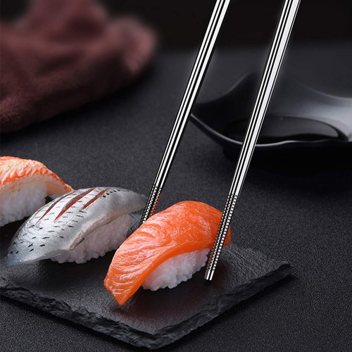 Metal Chopsticks 6 Pairs Stainless Steel Reusable Chopsticks Cute Laser Engraved Non-slip Korean Japanese ,18/8 Stainless steel Dishwasher Safe for Cooking Eating 9 1/4 Inches 6 Pairs