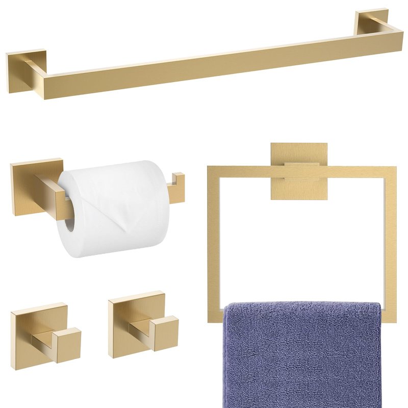 Brushed Gold Towel Bar Set, 23.6 Inch Bathroom Accessories Set, 5 Pieces SUS304 Stainless Steel Towel Racks Toilet Paper Holder Set for Bathroom Kitchen Wall Mounted