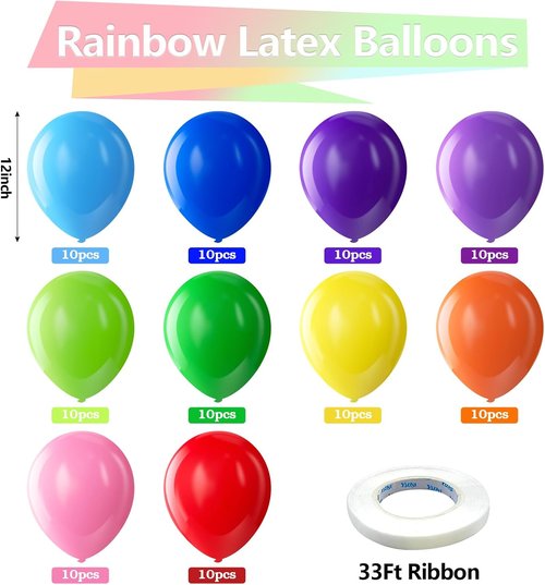 Bezente Rainbow Latex Balloons - 100 Pack with Balloon Tape Strips & Glue Dot Stickers