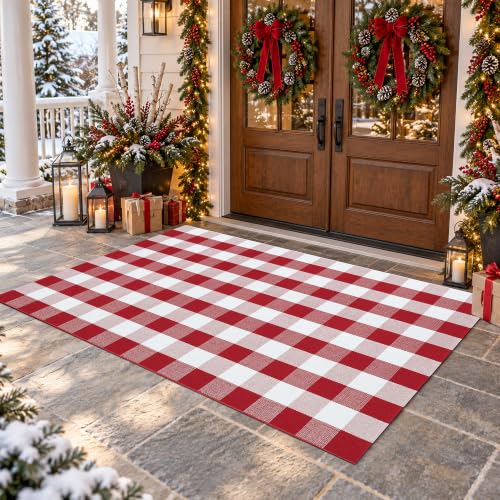 Homydecor Red & White Plaid 4' x 6' Rug - Reversible Cotton Blend, Washable Porch & Entryway