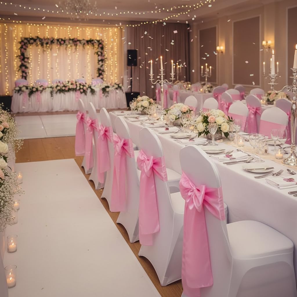 Skiennix Satin Chair Sashes - Elegant Light Pink Chair Bows for Wedding & Party Decor (10 Pack)