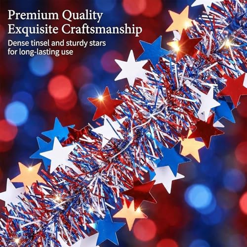 Patriotic Tinsel Garland 5-Pack (32.8 ft) - Red White & Blue Metallic Star Decor