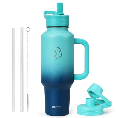 BUZIO Stainless Steel Water Bottle Fits in Cup Holder with Straw Spout Lid, 40 oz Insulated Tumbler with Handle, Double Wall Travel Mug Keep Cold 48hrs Hot 24hrs, Caribbean Blue