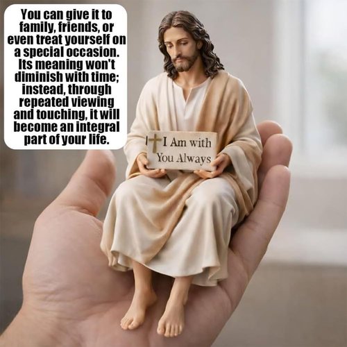 Little Jesus | Mini Handmade Sitting Jesus Figurine - Inspirational "I Am With You Always" Sign, Small Resin Decor for Office or Car Dashboard