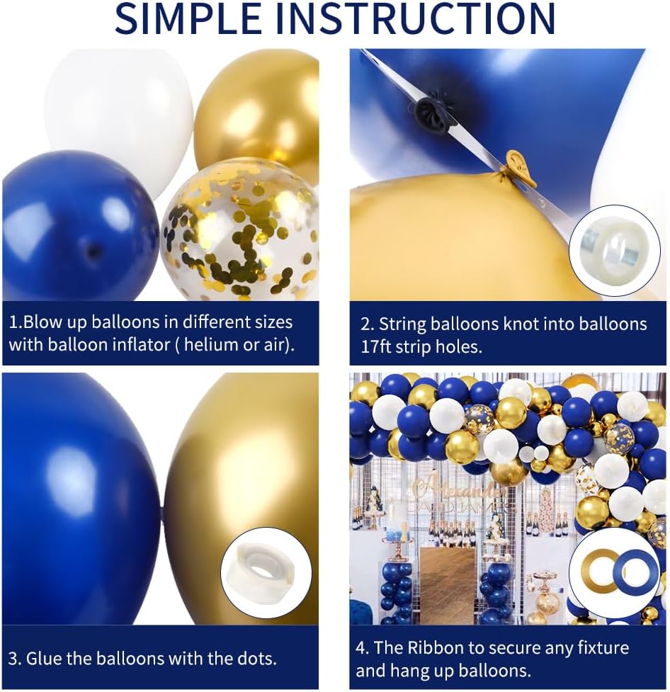 RUBFAC Royal Blue and Gold Balloon Garland Arch Kit - 142pcs for Graduation & Birthday Parties