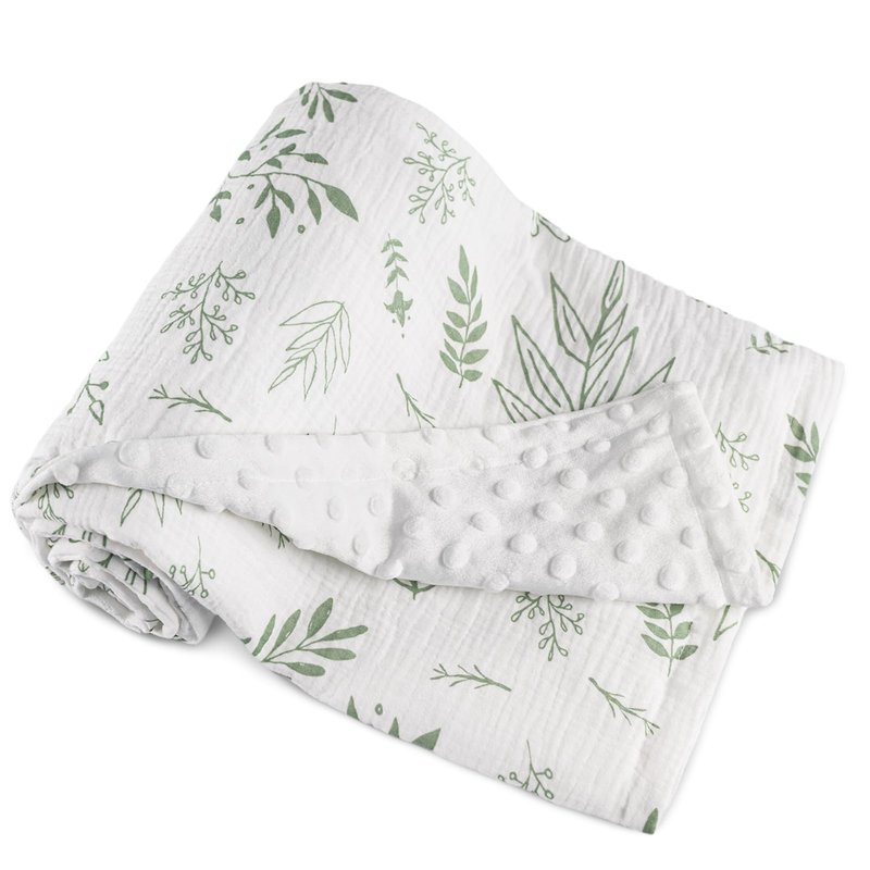 GLLQUEN BABY Blankets for Unisex Boys Girls, 2-Pack Muslin Cotton Front Soft and Breathable, and Dotted Fleece Backing, Nursery Minky Blankets for Toddler Newborn, Green Leaves,30 x 40 inches