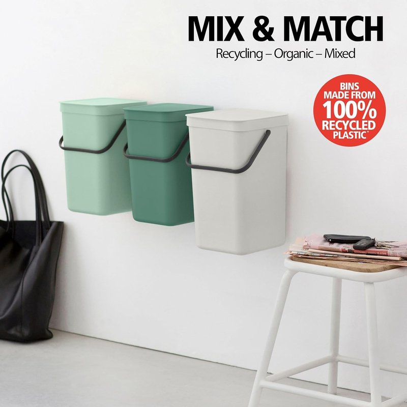 Brabantia Sort & Go Kitchen Recycling Bin | S / 4.2 Gal / 16L | Light Gray | Removable Stay-Open Lid, Carry Handle | Trash Can for Bottles, Cans, Paper, Glass | Wall-Mounting Bracket Included