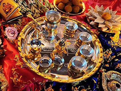 12-Inch Pooja Thali Set Gold and Silver Plated Ritual Puja Plate