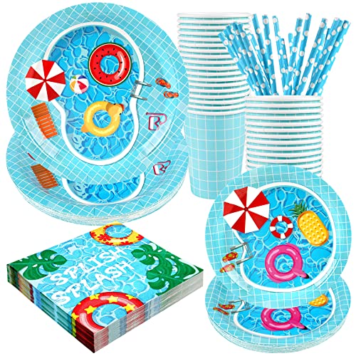 Recheel Pool Party Decorations Plates Set for Pool-Themed Summer Party, Serves 24 Guests
