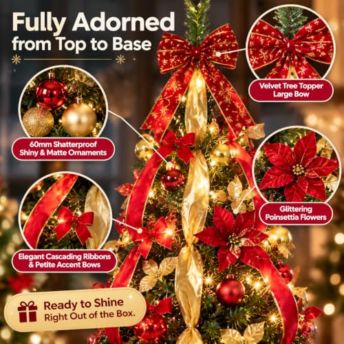 Skasii 7FT Red Pop Up Christmas Tree with LED Lights - Fully Decorated