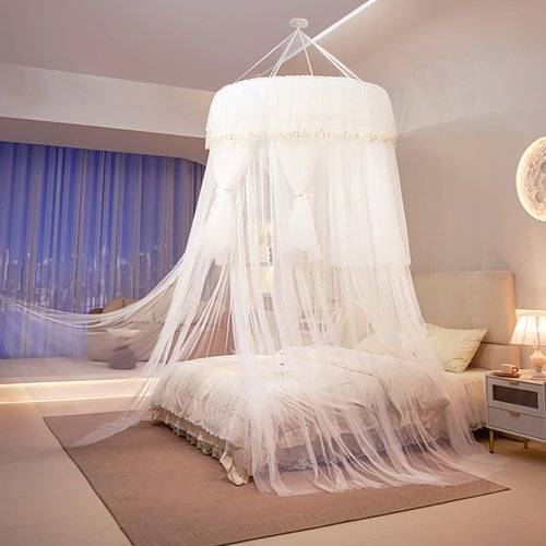 Mengersi Bed Canopy for Girls,Canopy Bed Curtains Double Layer Sheer Mesh Round Lace Princess Mosquito Net for Twin Full Queen King Bed Bedroom Decoration (White)