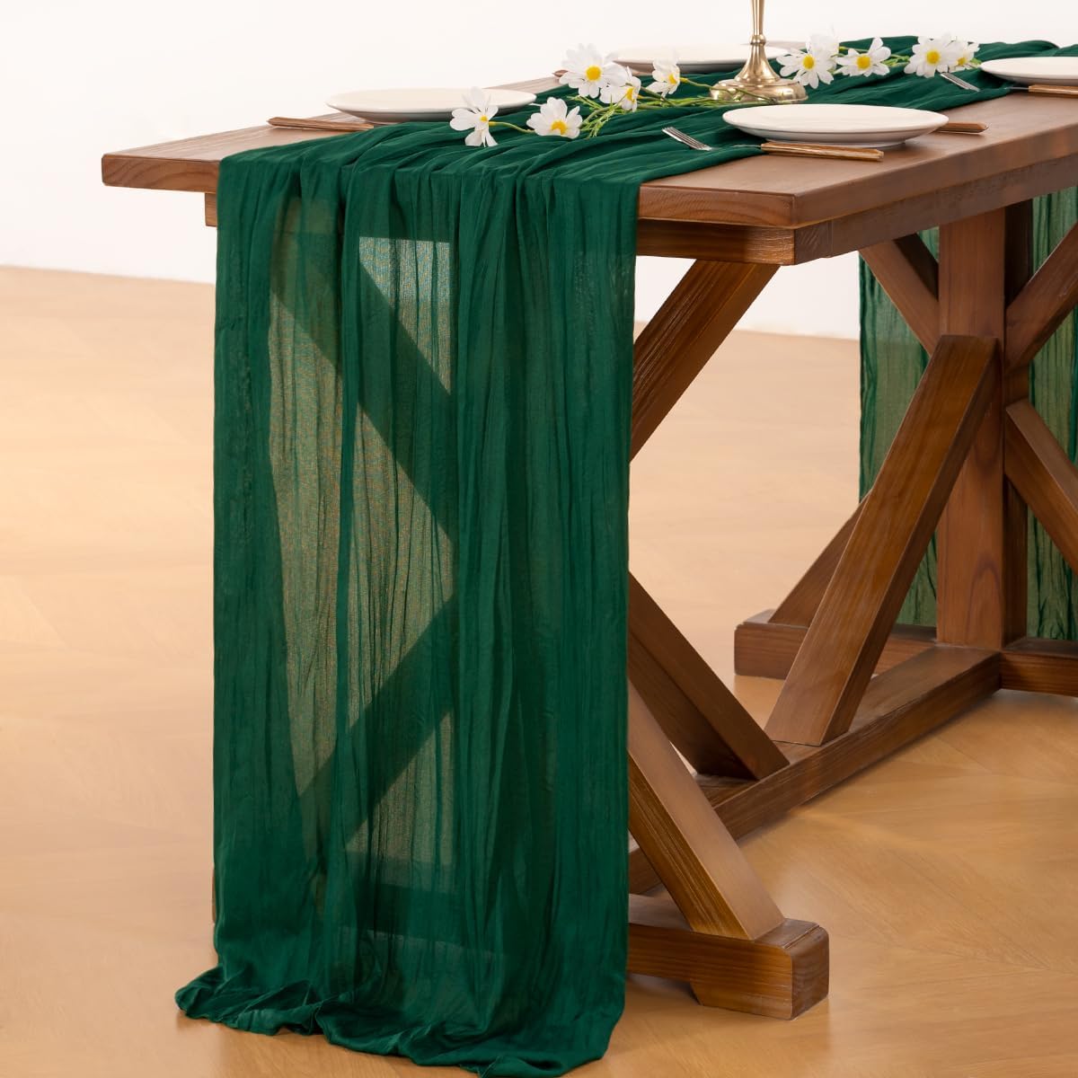 Socomi Emerald Green Cheesecloth Table Runner - 10FT Rustic Boho Decor for Weddings & Events