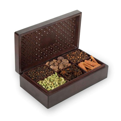 Octavius Wooden Spice Box | Assortment of 6 Spices - Clove/Cinnamon/Cardamom/Black Pepper/Star Anise/Black Cardamom | Wooden Masala Box | Pack of 1 w/ 6 Spices (300gm each)