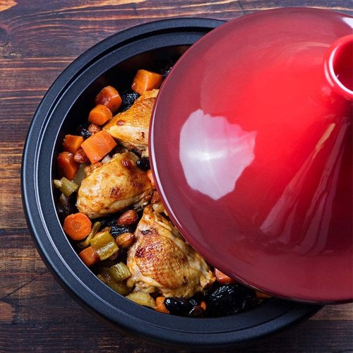 KooK Moroccan Tagine - Enameled Cast Iron Cooking Pot with Ceramic Lid - 3.3 QT in Crimson