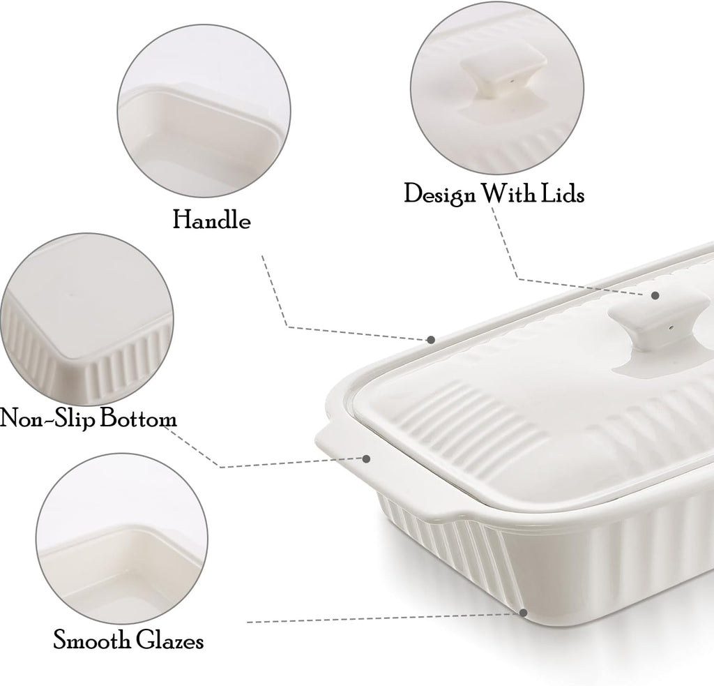 Regine Switzerland Large Baking Dish - 5.5 Quart Ceramic Lasagna Pan with Lid | Dishwasher & Microwave Safe, White