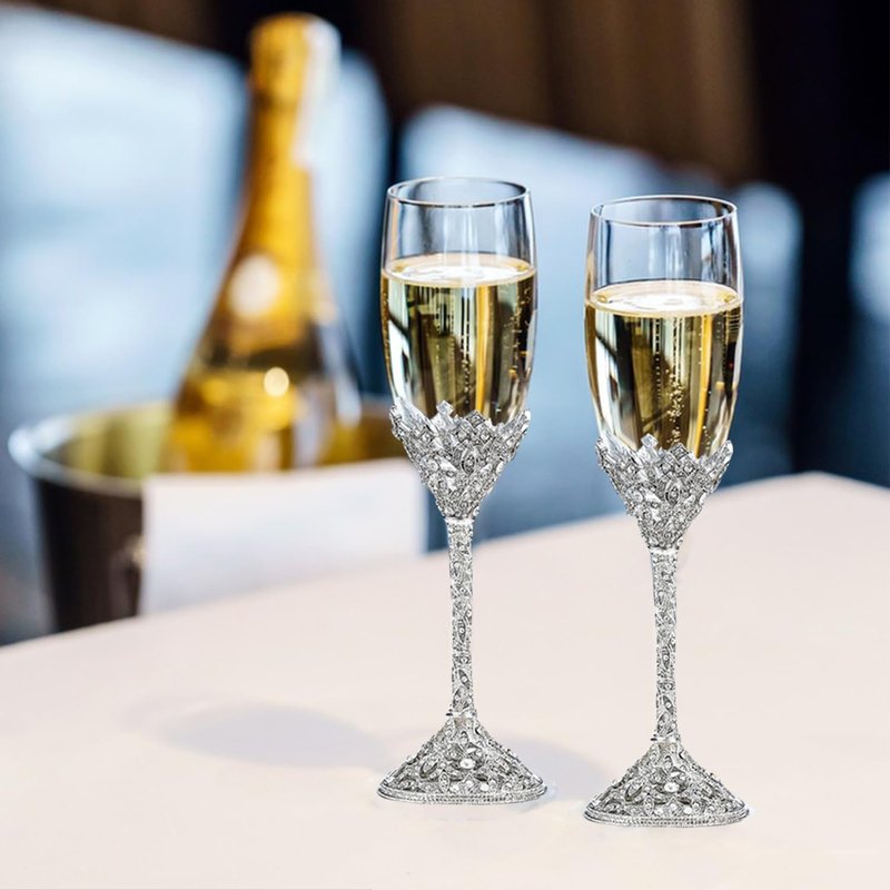 Popgege Wedding Champagne Flutes Set of 2 - Metal Base With Crystal Stones, Glasses for Bride and Groom, Engagement Gifts, Party, Anniversary, Christmas - 7oz