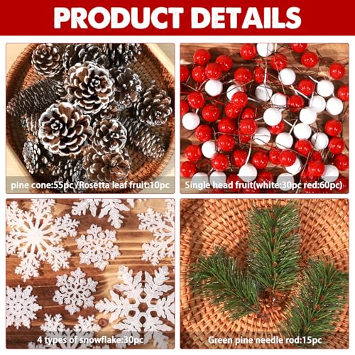 Hatisan 200PCS Christmas Pine Cones, Berries, Snowflakes & Branches Set for Holiday Decorations