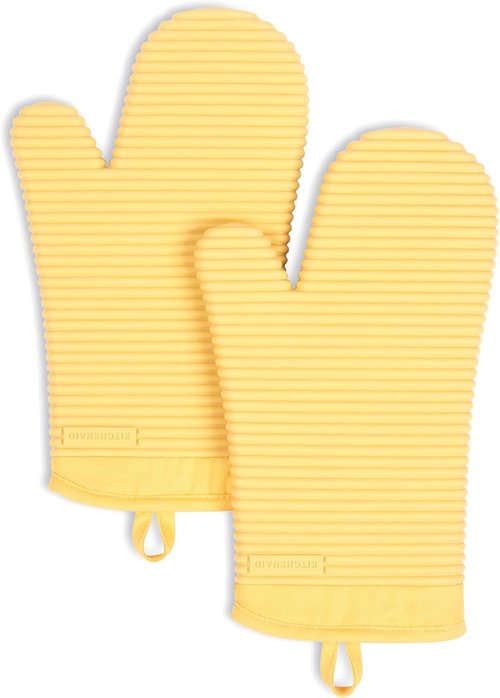 KitchenAid Ribbed Soft Silicone Oven Mitts - 2-Pack Set in Butter Yellow | 7.5"x13" Size
