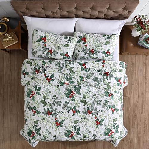 Beatrice Home Fashions Full/Queen 3-Piece Lightweight Holiday Quilt Set, Green Bouquet