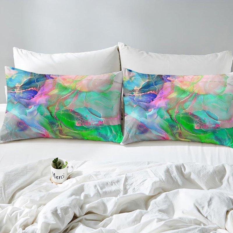 Erosebridal Teal Pink Green Bed Sheets Set Modern Marble King Sheet Set, Gold Metallic Sheets Chic Foil Print Bed Set, Abstract Mountain Fluid Flat Sheet Kids Home Decor