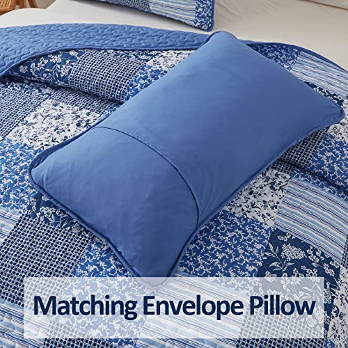 Mybedsoul King Size Boho Patchwork Floral Quilt Set, 3-Piece Blue Coverlet