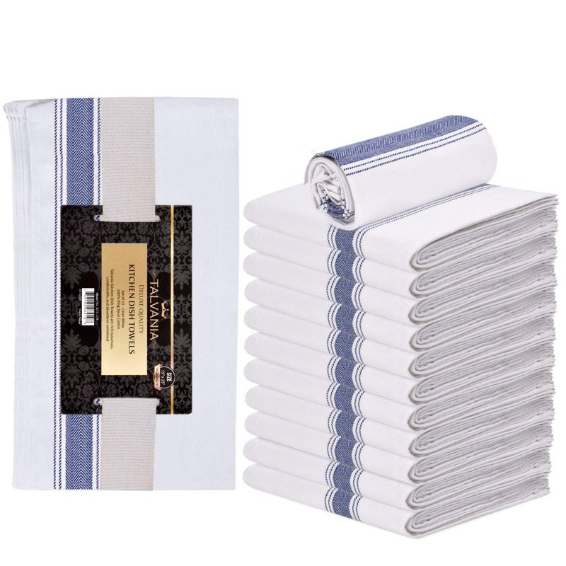TALVANIA Kitchen Dish Towels 100% Cotton White Flour Sack Tea Cloth with Blue Herringbone Stripe, Pack of 12 Perfect Classic Dish Towel 15” x 25” Dishcloths for Bars Kitchens Counters etc.