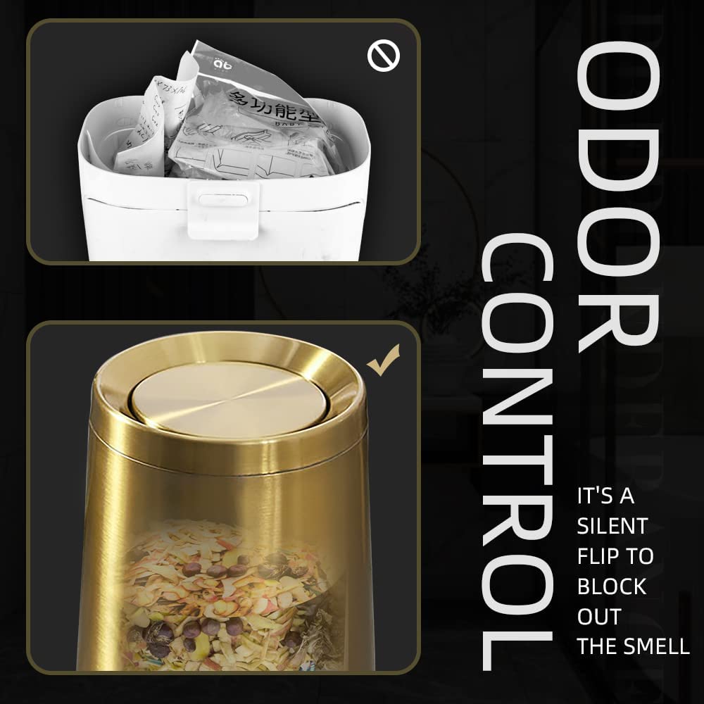 LEASYLIFE 8L/2.1GALbrass Garbage can with Swing lid，Brushed Nickel Gold Trash can,Matte Gold Trash can for Bathroom,Powder Room,Bedroom,Laundry Room (GOLD-32-8l)