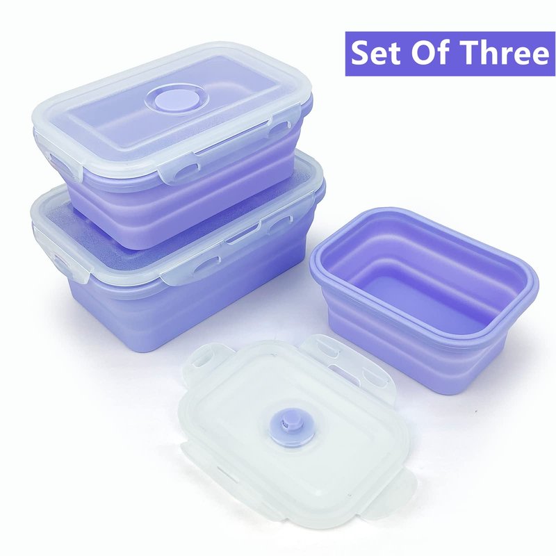 Lunbengo Purple Collapsible Meal Prep Containers Camping Bowls Silicone Bento Box with Airtight Plastic Lid, Microwave Safe, Portable Lunch Container, For Food Storage, Travel and Hiking, 3Pack
