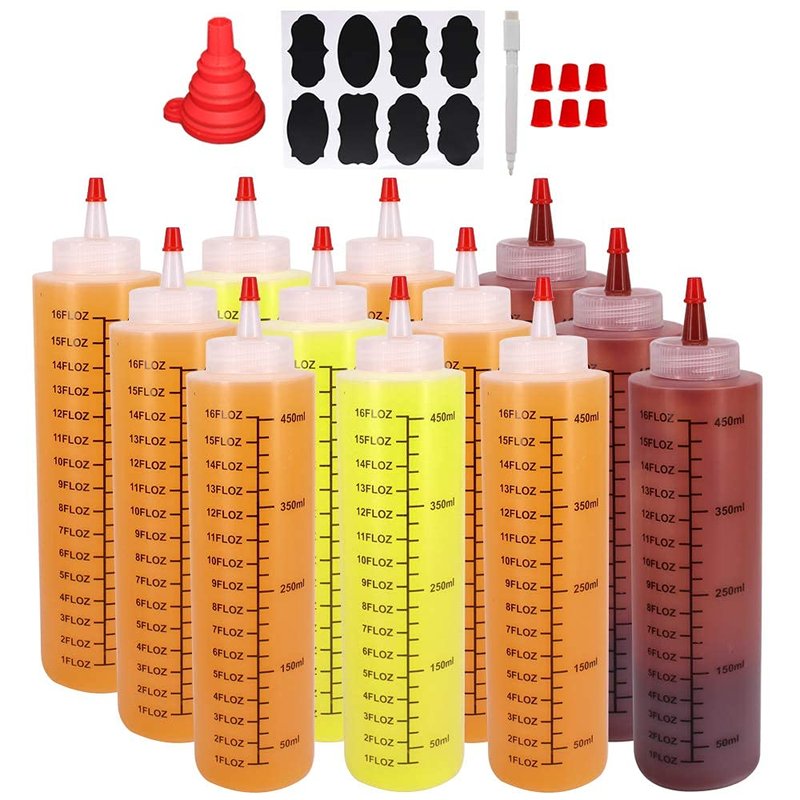 Belinlen 12 Pack 16-Ounce Plastic Squeeze Bottles with Red Cap for Food, Crafts, Art, Multi Purpose Set of 12 with extra 16 Chalk Labels 6 Red Cap and 1 Pen