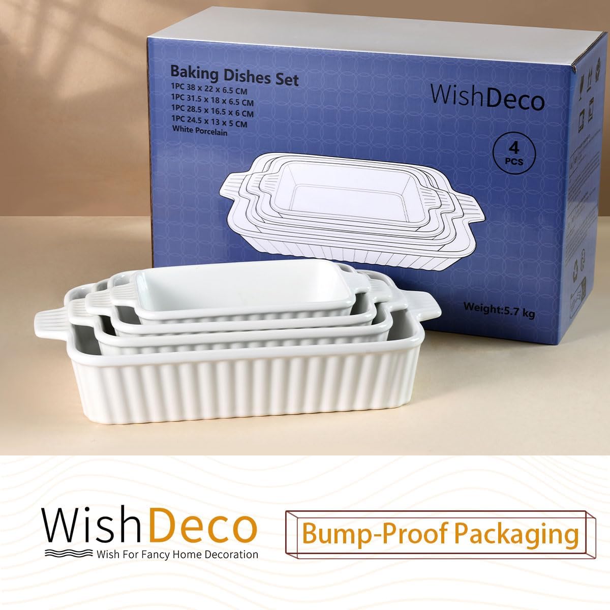 WishDeco Ceramic Casserole Dishes Set - 4-Piece White Porcelain Bakeware for Oven & Microwave | Rectangular Lasagna Pans with Handles (15''/12.4''/11''/9.6'')