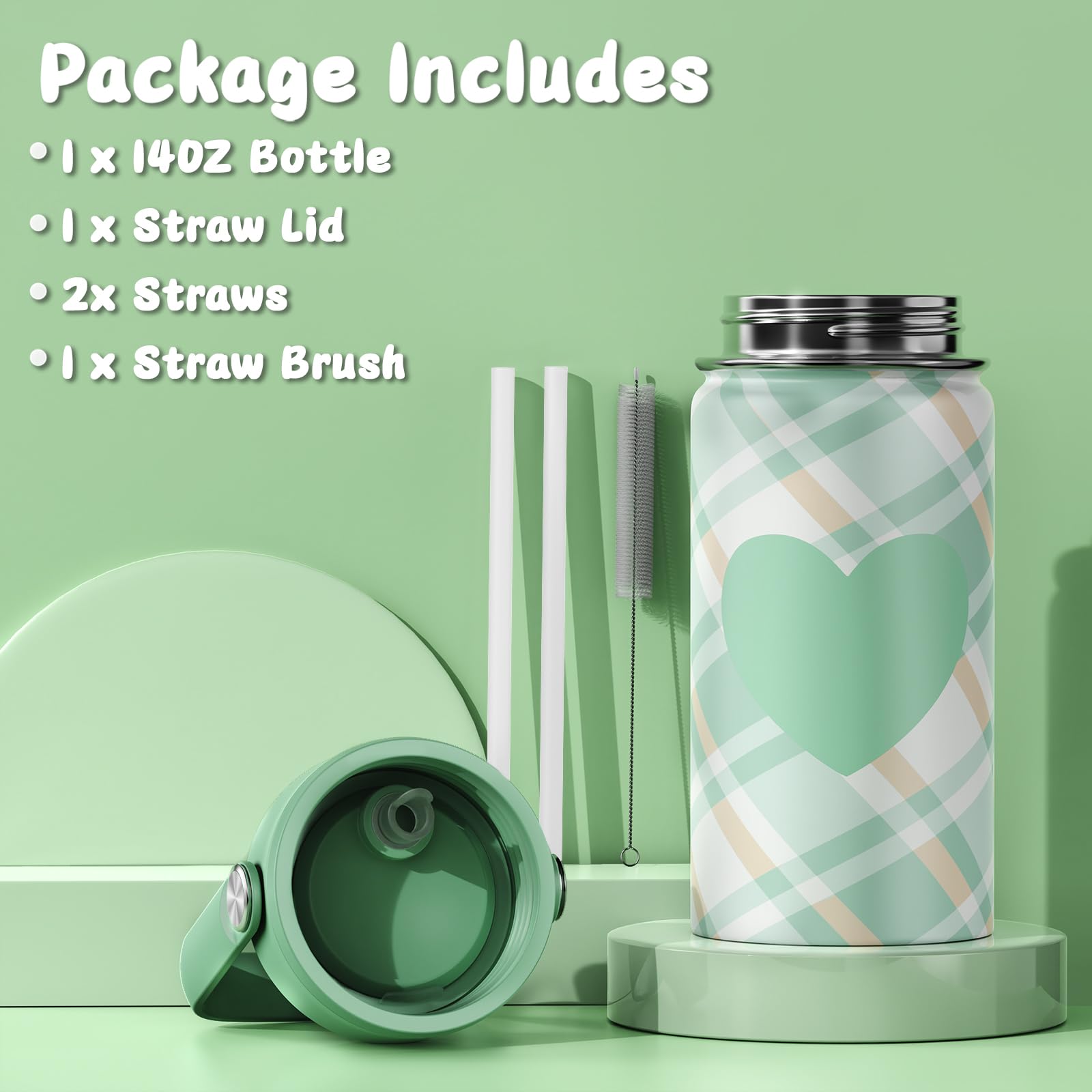 Bevalsa Bento Box for School Kids with Insulated Water Bottle Set - 43oz Lunch Containers Lunchbox Bento Box, 14oz Termos Kids Water Bottle, Lunch Bag for School Girls Kid Student (Green Plaid)