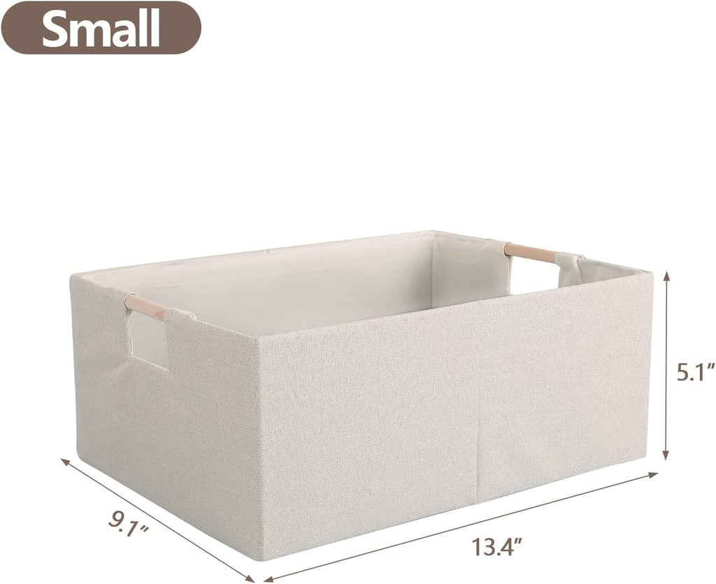 Skiennix Fabric Storage Bins - Foldable Cotton Linen Baskets with Wooden Handles | Beige, Small (3 Pack)