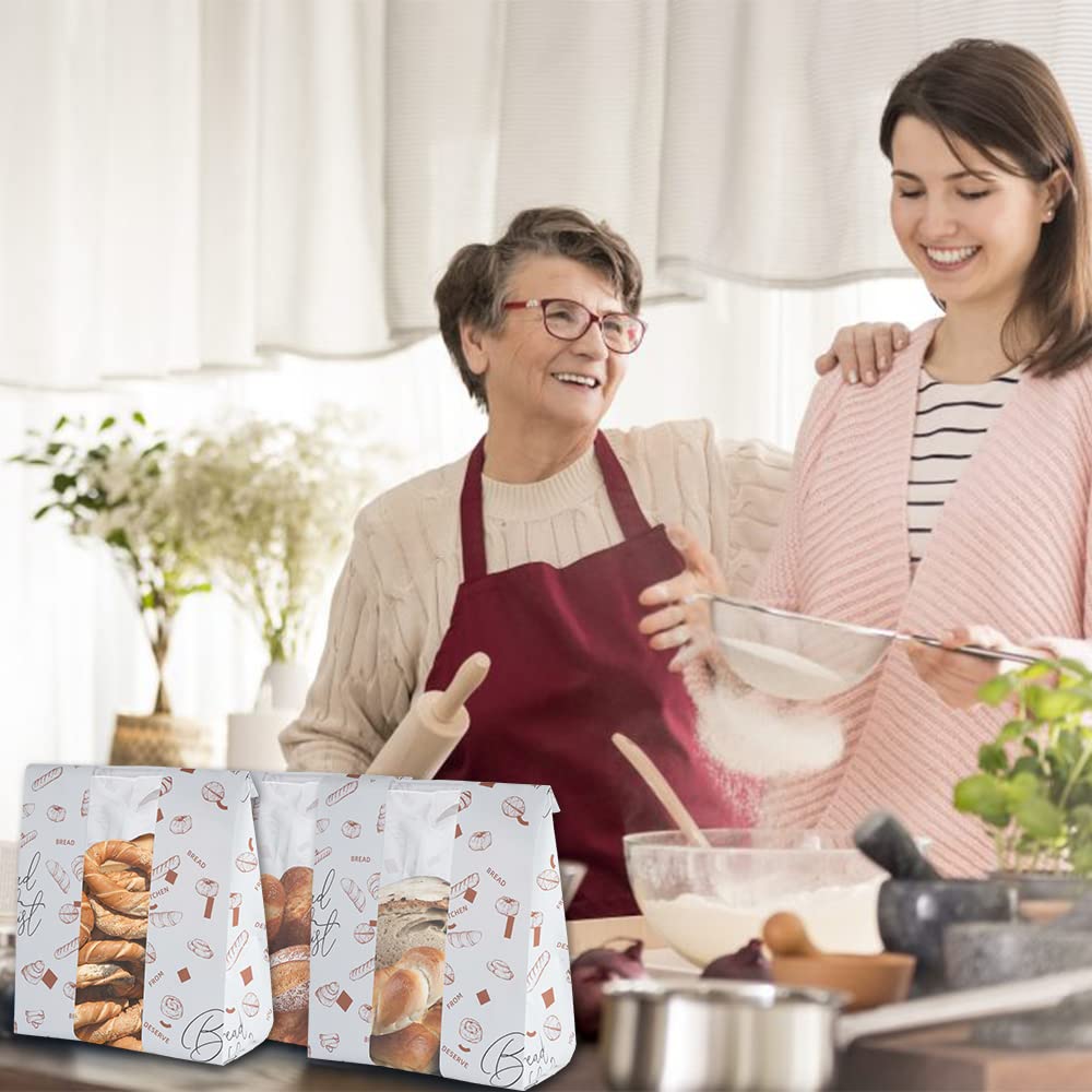 AeKahtay 50 Pack Paper Bread Bags with Front Window, 13.8 x 9.5 x 4.3 Inch Large Paper Bread Bags for Homemade Bread Gift Giving with Stickers