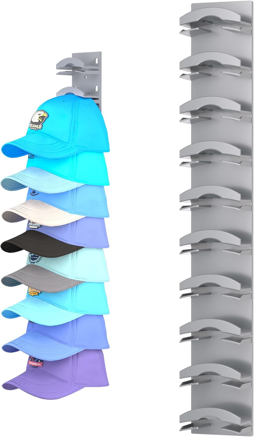 Skiennix Hat Organizer - Wall-Mounted Rack for Up to 10 Baseball Caps | Strong Adhesive, Grey