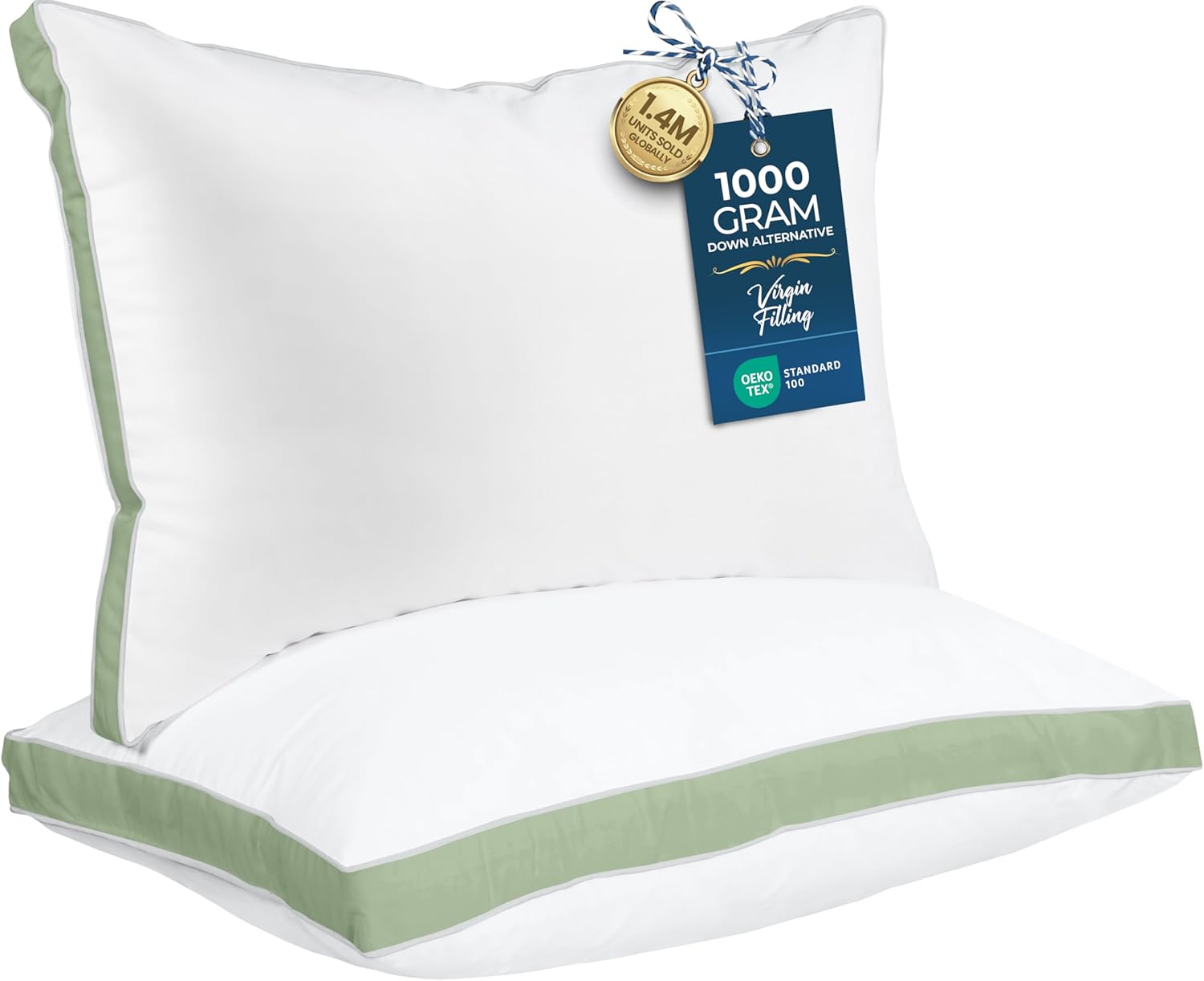 Utopia Bedding Queen Size Bed Pillows - Cooling Gusseted Design, Set of 2 in Sage Green