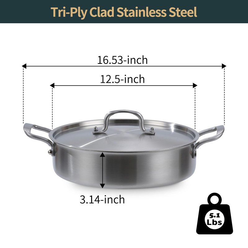 Yeksum Deep Frying Pan with Lid, 6 Quart Tri-Ply Hybrid Nonstick Stainless Steel Saute Pan, Compatible with All Cooktops Up to 600℉,12inch Saute Pan with Lid, Fast even Heat cookware, Rondeau Pot