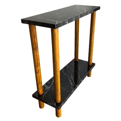 Narrow Small Places Faux Marble Top Modern Side Table for Couch Living Room, Slim Minimalist End Table 2 Tier with Open Shelf Nightstand for Bedrooms, Snack Tray, TV Manual (Black Marble, Narrow, 7")