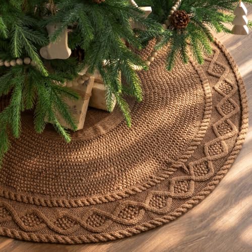 LimBridge Medium Brown Diamond Edge Knit Christmas Tree Skirt - 48in Neutral Rustic Boho