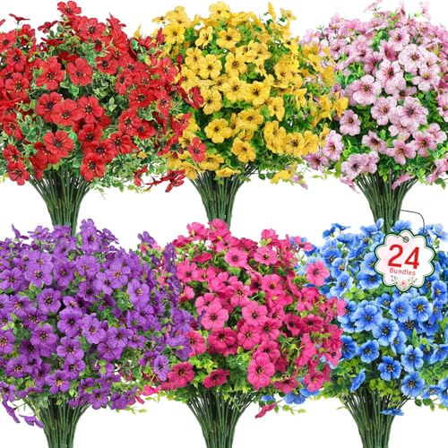 24 Pcs UV-Resistant Artificial Flowers - Outdoor Faux Silk Plants (13.8 in)